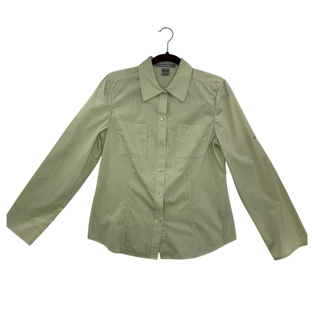 Ellen Tracy Womens Button Down Shirt Roll Tab Long Sleeve Striped Green Size 8